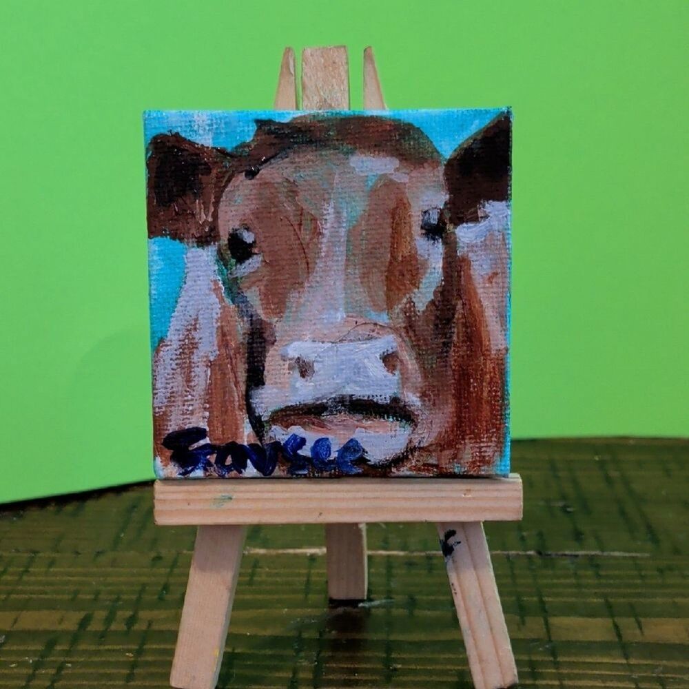 original 2x2 inch acrylic painting of a cow on canvas